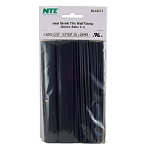 HS-ASST-1 NTE Electronics Heat Shrink Tubing Kit - Assorted Black Sizes - 24 pieces