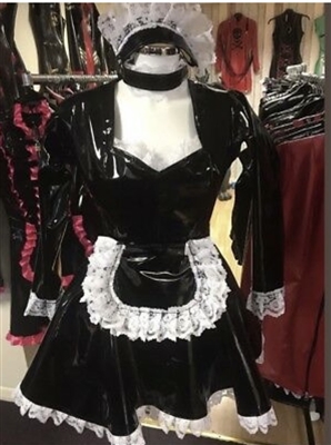 MISFITZ BLACK PVC SWEETHEART MAIDS DRESS + CHOKER, HAT & PINNY