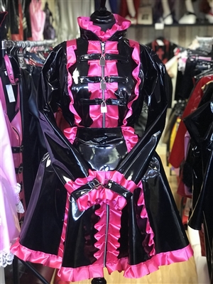 BLACK PVC & HOT PINK SATIN STRAITJACKET LOCKABLE MAIDS DRESS