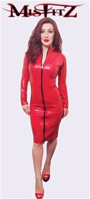 MISFITZ RED PVC PENCIL LENGTH MISTRESS DRESS WITH TWO WAY ZIPPER