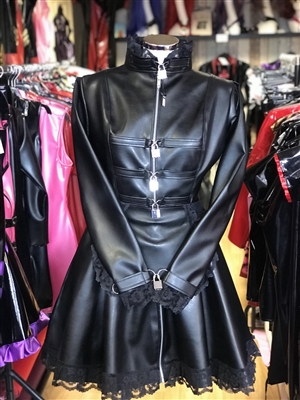 MISFITZ BLACK LEATHER LOOK PADLOCK STRAITJACKET SKATER MAIDS DRESS