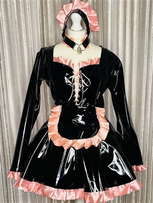 Misfitz black PVC & baby pink satin  padlock back maids outfit