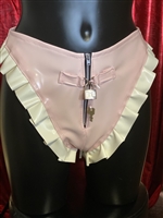 MISFITZ  LATEX PADLOCK SISSY PANTIES, WHITE LATEX FRILLS