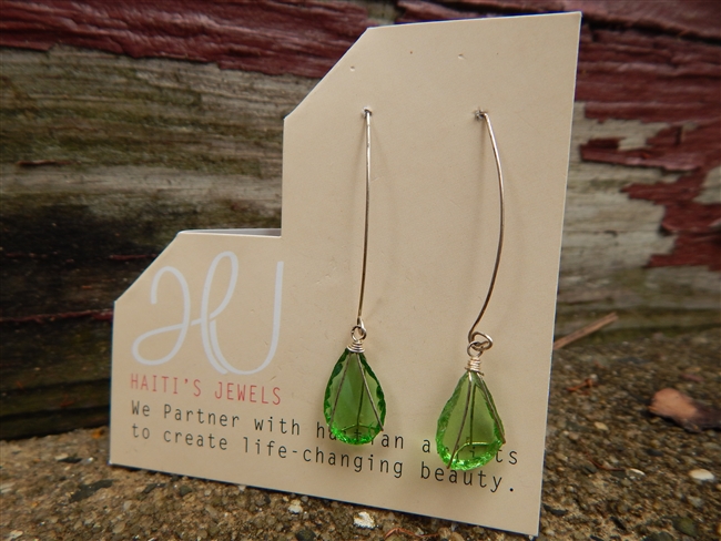 Silver Drop Green Glass Earrings