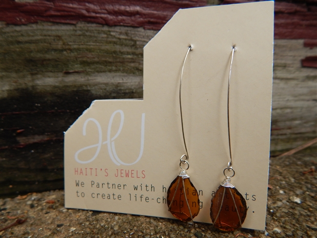 Silver Drop Brown Glass Earrings