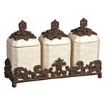 The GG Collection 3 Piece Textured Ceramic Canisters w/Base-Cream