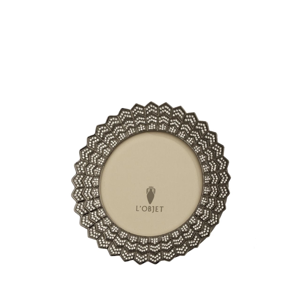 L'Objet Deco Noir 4" Round Photo Frame Oxidized Platinum + Crystals