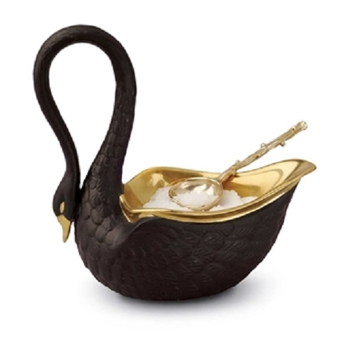 L'objet Black Swan Salt Cellar w/ 14kt Gold Plated Spoon