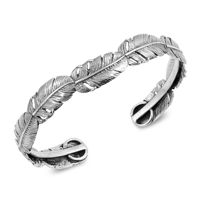 Silver Bangle Bracelet- Feathers