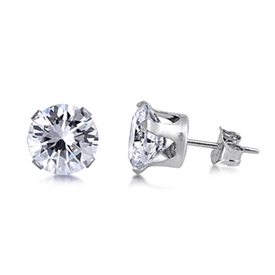 Round Clear CZ Stud Earrings - Stamping - Rhodium Plated