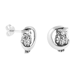 Silver Stud Earrings - Owl on the Moon