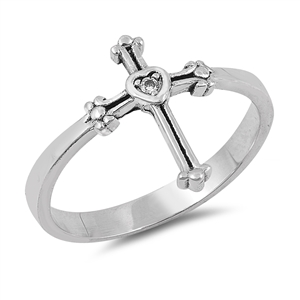 Silver CZ Ring - Cross w/ Heart