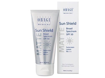 Obagi Sunshield Matte Broad Spectrum SPF 50 contains 10.5% zinc oxide and 7.5% octinoxate.  The sheer formula contains 2 sunscreens to effectively prevent premature aging and burning, while leaving your skin with a matte finish.