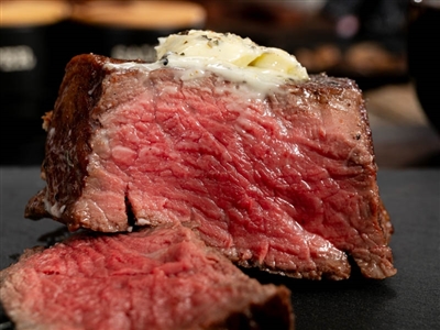 Rube's Black Angus 7 oz filet mignon steak.