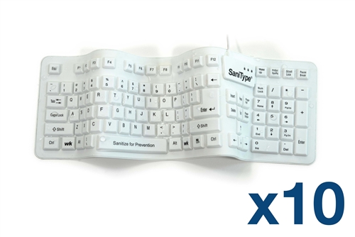 Used for Infection Control & Equipment Protection, the Case of (10) KBSTFC106-W SaniType "Soft-touch Comfort" Hygienic Full-size Flexible Silicone Washable Keyboard (USB) (White) KBSTFC106-Wcan be cleaned by washing with soap and water, sanitized or dis