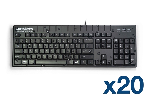 Used for Infection Control & Equipment Protection, the Case of (20) WetKeys Professional-grade Full-size ABS Plastic Waterproof Keyboard with 10-key Number-pad (USB) (Black) KBWKABS104-BK can be cleaned by washing with soap and water, sanitized or disin