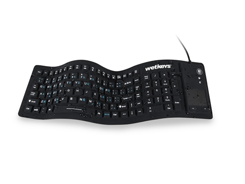 Used for Infection Control & Equipment Protection, the WetKeys Full-size Flexible Silicone Washable Keyboard with "Flex Touch" Touchpad and ON/OFF Switch (USB) KBWKFC103STi-BK can be cleaned by washing with soap and water, sanitized or disinfected.