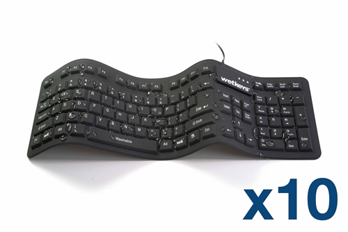 Used for Infection Control & Equipment Protection, the case of (10) WetKeys "Soft-touch Comfort" Professional-grade Full-size Flexible Silicone Waterproof Keyboard (USB) (Black) KBWKFC106-BK can be cleaned by washing with soap and water, sanitized or di