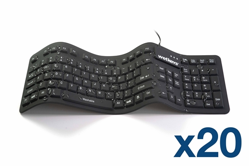 Used for Infection Control & Equipment Protection, the Case of (20) WetKeys "Soft-touch Comfort" Professional-grade Full-size Flexible Silicone Waterproof Keyboard (USB) (Black) KBWKFC106-BK can be cleaned by washing with soap and water, sanitized or di