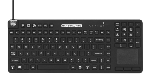 Man and Machine Really-Cool-Touch-Low-Profile Standard-size 15-inch Waterproof Silicone Keyboard, Touchpad, Lifetime Warranty (USB) (Black) | RCTLP/B5/LT