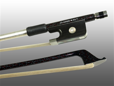 CELLO BOW BRAIDED CARBON/RED HYBRID FIBER, ROUND, FULLY LINED EBONY FROG, NICKEL WIRE GRIP & TIP