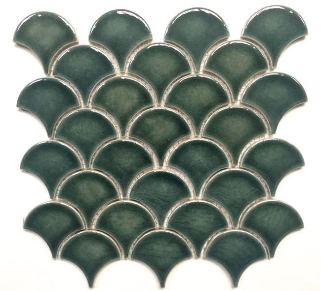 Mandarin Glossy Fan Emerald Crackled Porcelain Mosaic Tile