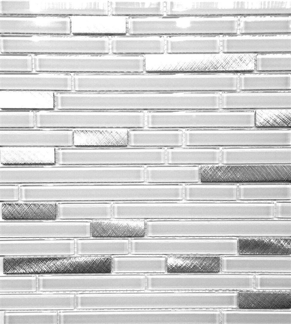 Pure White Glass and Brushed Aluminum Matchstick Mosaic Wall Tile