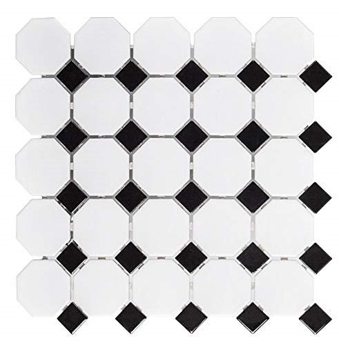 White and Black Mixed Octagon Glossy Porcelain Mosaic Floor and Wall Tile