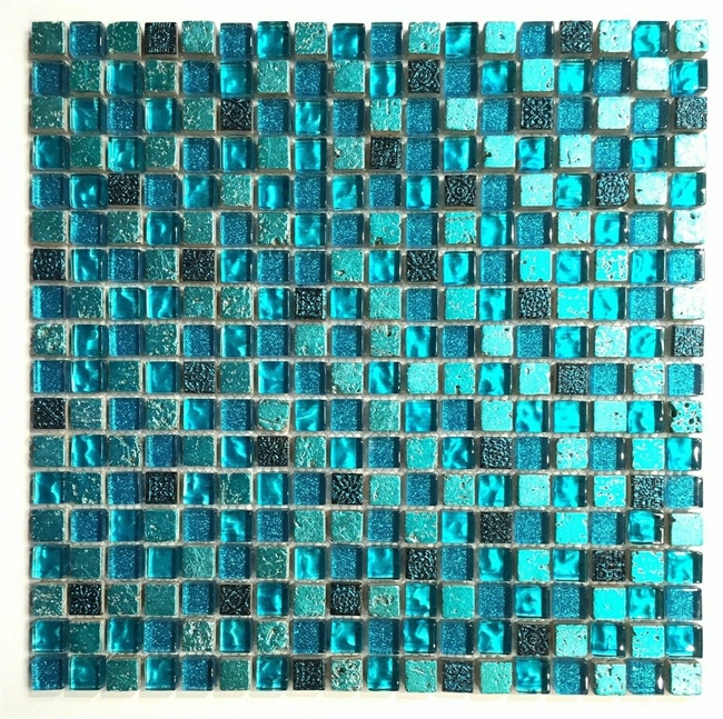 5/8" x 5/8" Cadiz Collection Turquoise Blue Glass Mix Mosaic On Mesh-mount