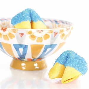 All natural vanilla fortune cookies hand dipped in white chocolate then decked out in blue aquamarine bling.