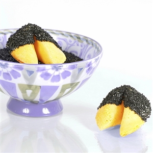 All natural vanilla fortune cookies hand dipped in white chocolate then decked out in black onyx bling.