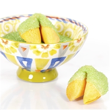 All natural vanilla fortune cookies hand dipped in white chocolate then decked out in peridot green dusted bling.