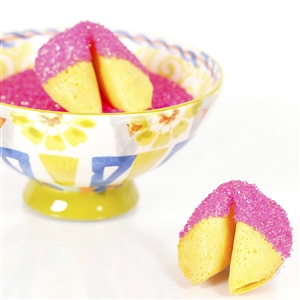 All natural vanilla fortune cookies hand dipped in white chocolate then decked out in Pink Tourmaline bling.
