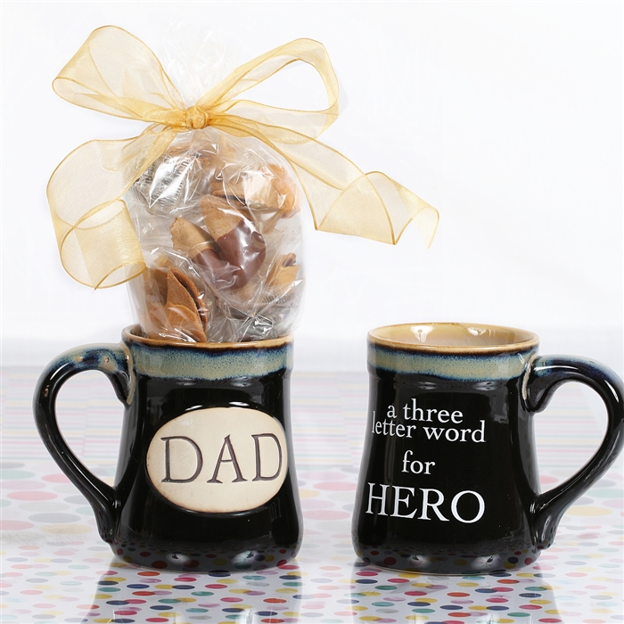 This hero mug with chocolate covered gourmet flavored fortune cookies is perfect for any dad!