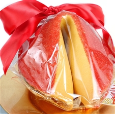 Traditional vanilla fortune cookie colored a festive red to bring extra luck to all this 2021 Chinese New Year. Hand dipped in white chocolate and coated in red sugar bling.