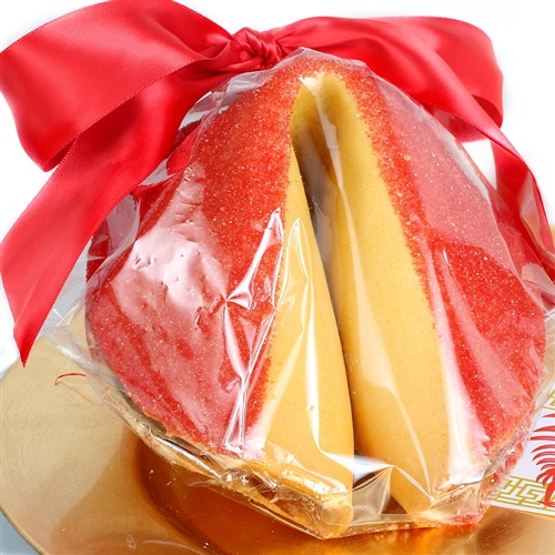 Traditional vanilla fortune cookie colored a festive red to bring extra luck to all this 2021 Chinese New Year. Hand dipped in white chocolate and coated in red sugar bling.