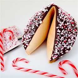 This exclusive peppermint flavored gigantic fortune cookie is a refreshing treat. Chocolate covered with your foot long custom fortune inside this edible gift is sure to please.