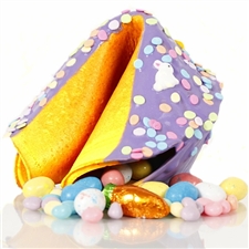 This Easter Gigantic fortune cookie is chocolate covered and decorated with pastel sprinkles for springing into spring.