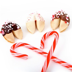 White mint flavored fortune cookies with your custom sayings inside. Gourmet fortune cookies covered in chocolate and individually wrapped.