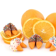 Orange flavored fortune cookies with custom sayings inside. Your chocolate covered fortune cookies are baked fresh to order the day they ship.