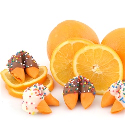 Orange flavored fortune cookies with custom sayings inside. Your chocolate covered fortune cookies are baked fresh to order the day they ship.