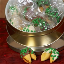 A Shamrock studded fortune cookie gift, the chocolate covered fortune cookies are individually wrapped.