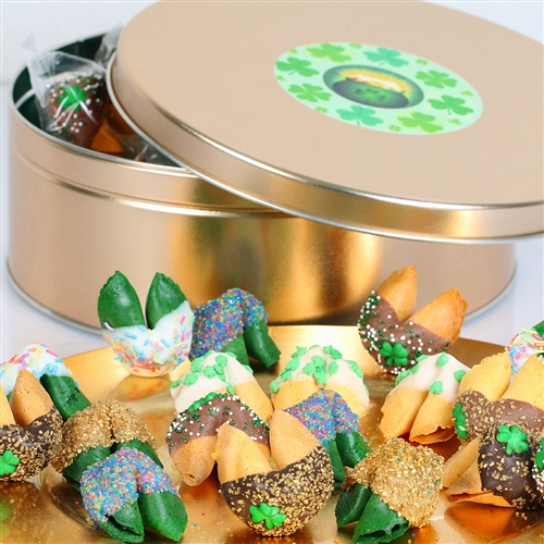 A Shamrock studded fortune cookie gift, the chocolate covered fortune cookies are individually wrapped.