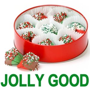 Mint and cherry flavored fortune cookies dipped in assorted chocolates with Christmas sprinkles.