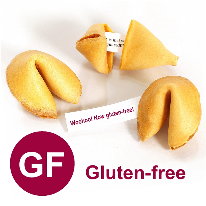 Gluten Free fortune cookies custom baked with your messages inside. Same classic vanilla flavor but without the gluten.