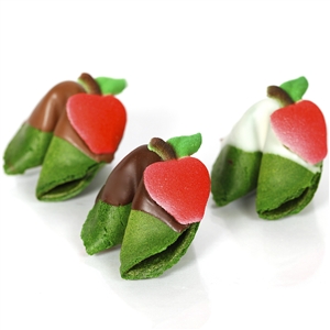 Fortune cookies dipped in chocolate and decorated with adorable apples. Pick your fortune cookie flavor and customize the sayings inside.