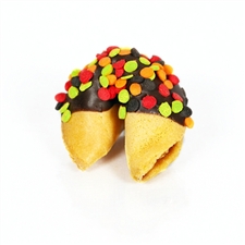 Traditional Vanilla Fortune Cookies covered in milk, white and dark chocolate with fun fallfetti!