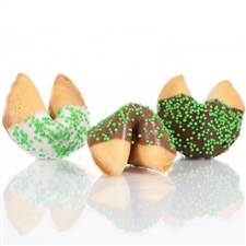 Traditional vanilla fortune cookies chocolate covered with pastel candy dot sprinkles! Also choose from milk and white chocolate.