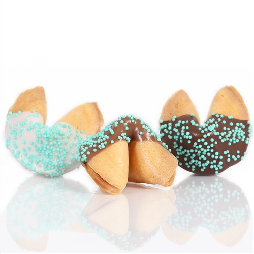 Traditional vanilla fortune cookies chocolate covered with pastel candy dot sprinkles! Also choose from milk and white chocolate.