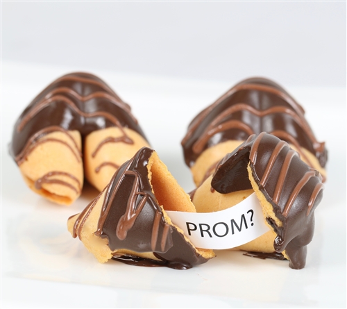 Chocolate dipped fortune cookies for a unique promposal! Each prom fortune cookie is chocolate dipped and individually wrapped.